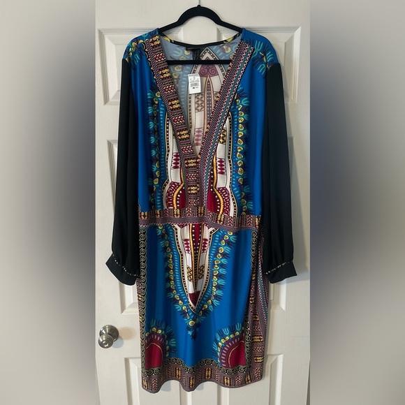 NWT‎ Women’s Plus ASHLEY STEWART Bodycon Print Colorful V Neck Dress. Size 30/32 - Picture 1 of 7